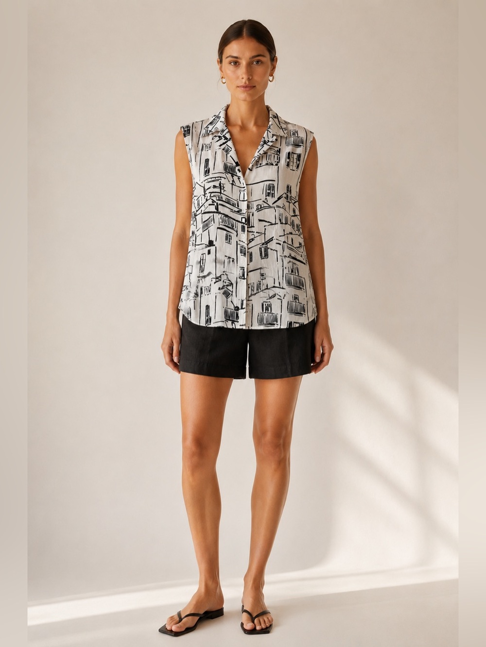 Bella Dahl Sleeveless white black Amalfi Sketch Print Button Front Blouse XS